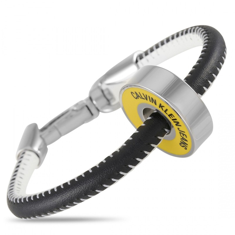 Calvin Klein Jeans Cuir Bracelet Noir Blanc Avec Pendentif Jaune Taille S/M/L