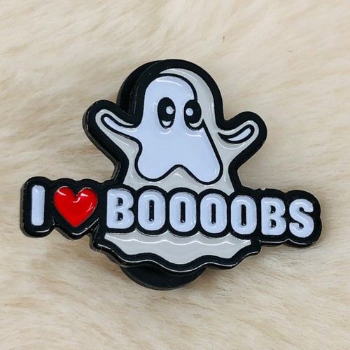 Funny I Heart Love Boooobs Ghost Enamel Lapel Pin - Halloween Boob Lover