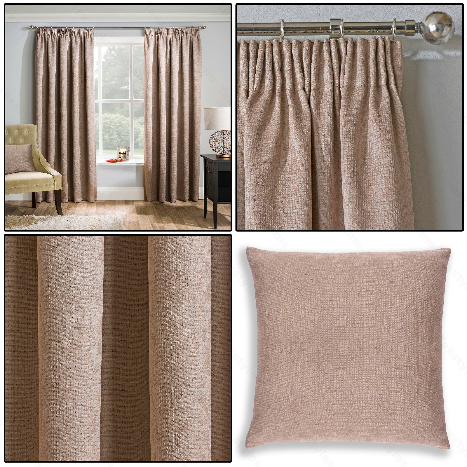 Latte Beige Thermal Matrix Blockout Lined 3 Tape Top Pencil Pleat