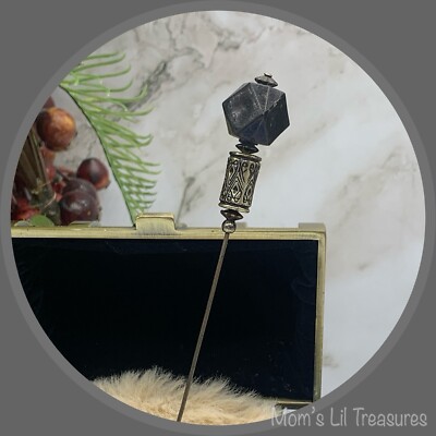 Black Acrylic Octagon Silver Tone Cylinder Design - 6  Pin   Hatpin - Stick Pin