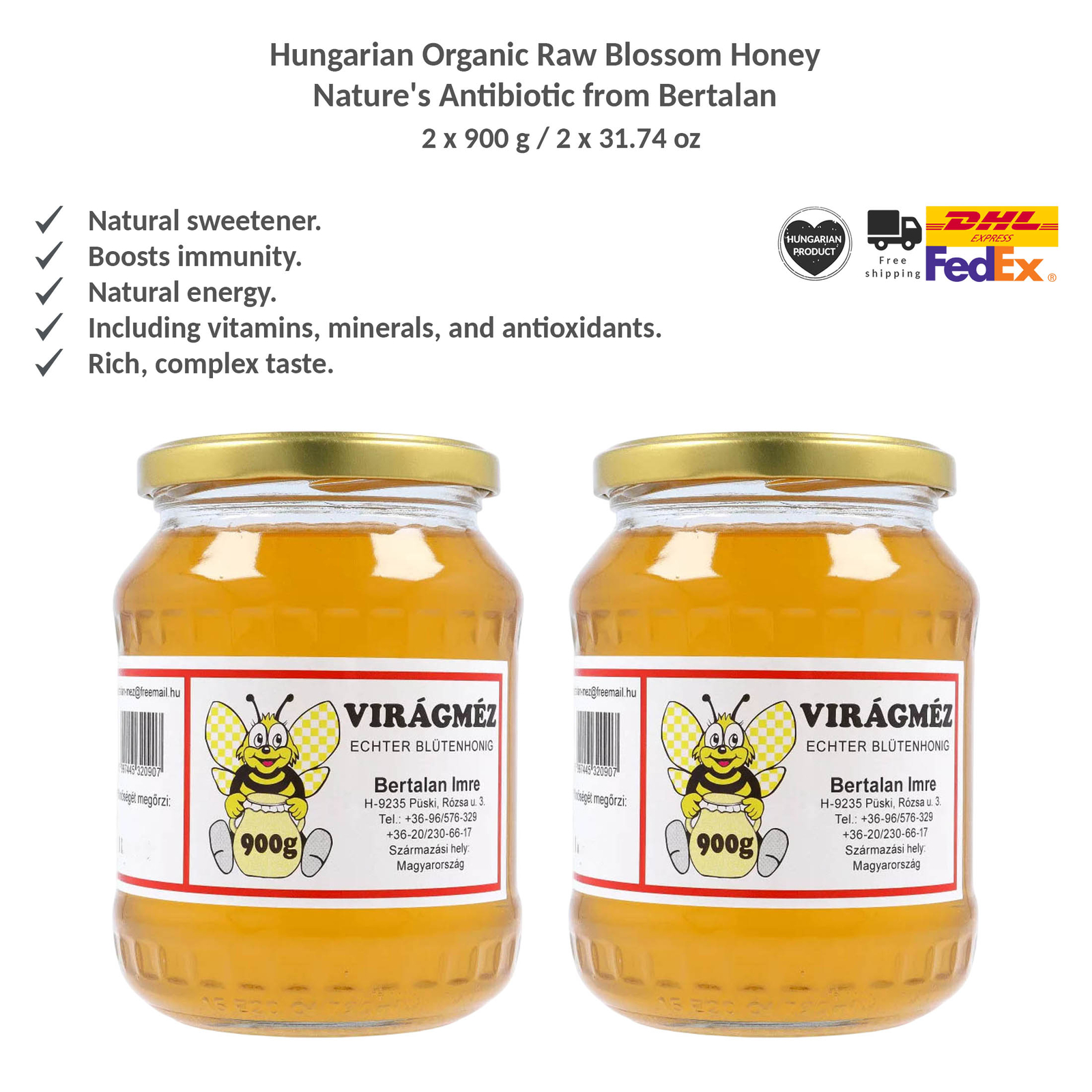 Hungarian Organic Raw Blossom Honey Antioxidant Power from Bertalan 900gx2