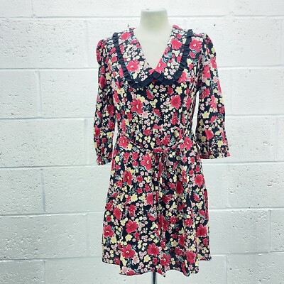 NEW LOOK RED FLORAL TEA DRESS LONG SLEEVE VINTAGE LOOK TIE WAIST FRILL UK 12