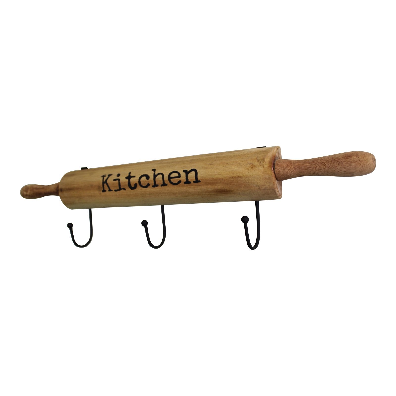 Wooden Wall Hooks Kitchen Rolling Pin Design 3 Metal Hooks Rack Storage Decor - Picture 3 of 3