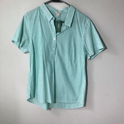 LL Bean womens M short sleeve striped ocean jade seersucker 1/4 button top NWT