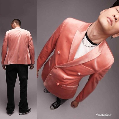 Topman slim double breasted six button velvet blazer in pink