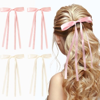 4PCS Hair Bows for Women Pink Ribbon Bow Clips Satin Tassel Bow Accessories
