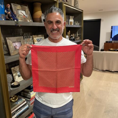 VTG HERMES Red Ring With Rope pattern Silk pocket square Worn By Reza  Farahan