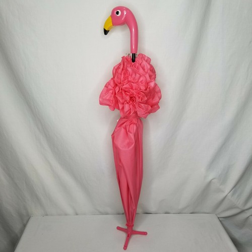 Flamingo Umbrella Pink Standing Cane Push Button Open Rain Gear Ruffles Parasol