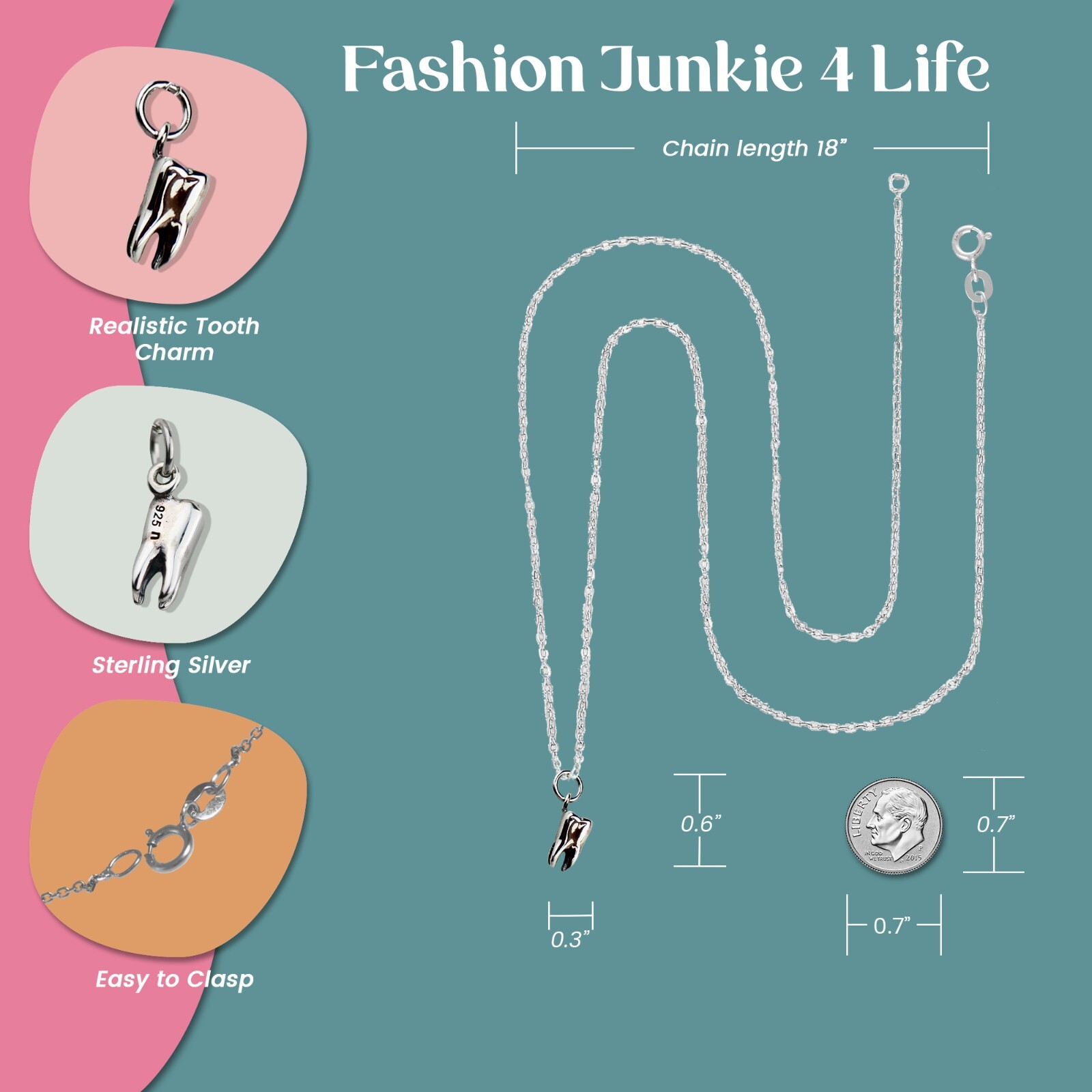 FashionJunkie4Life Sterling Silver 3D Tooth Necklace with 18" Chain