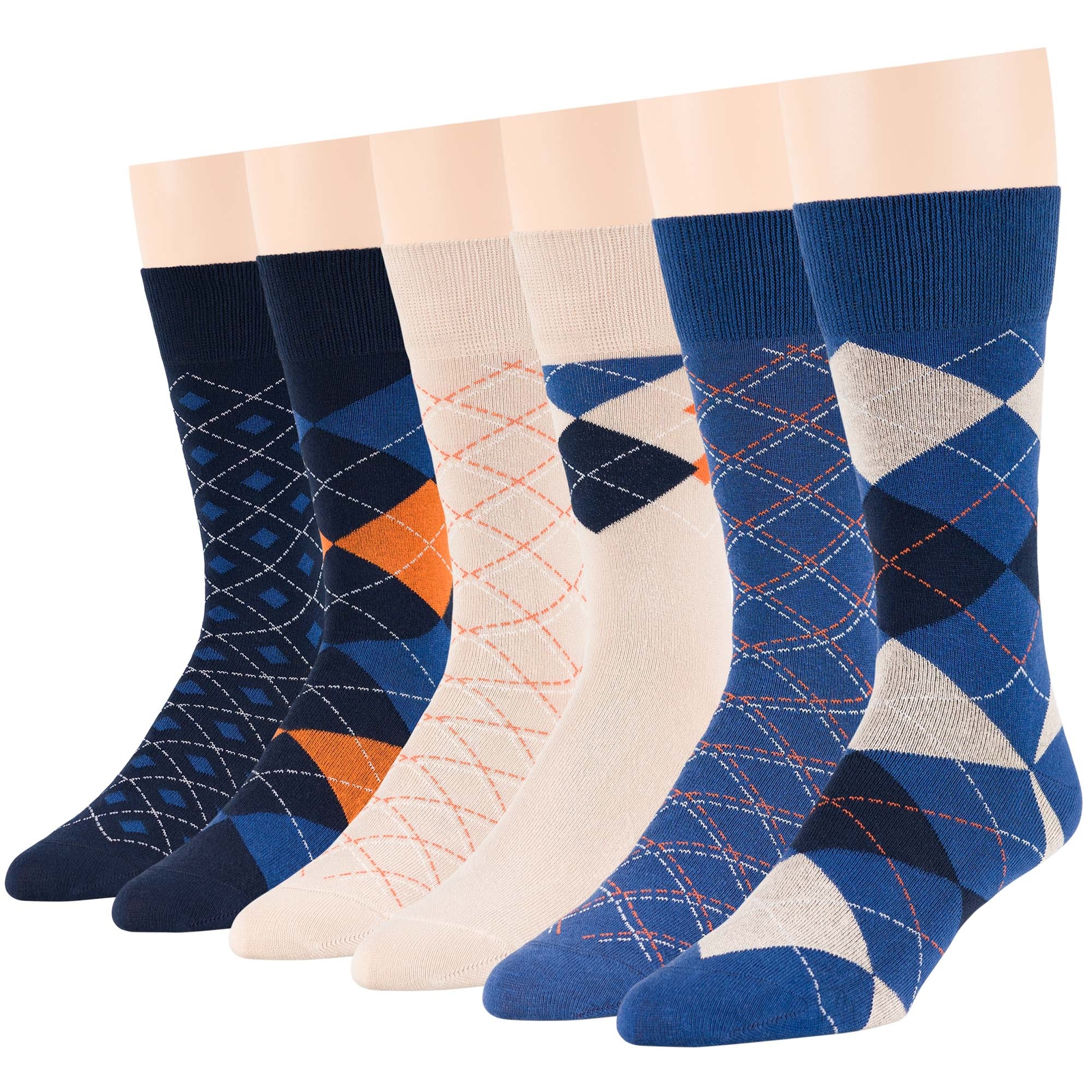 Men Cotton Dress Soft Socks 6 Pack Large Patterned Argyle Blue Navy Beige 10-13