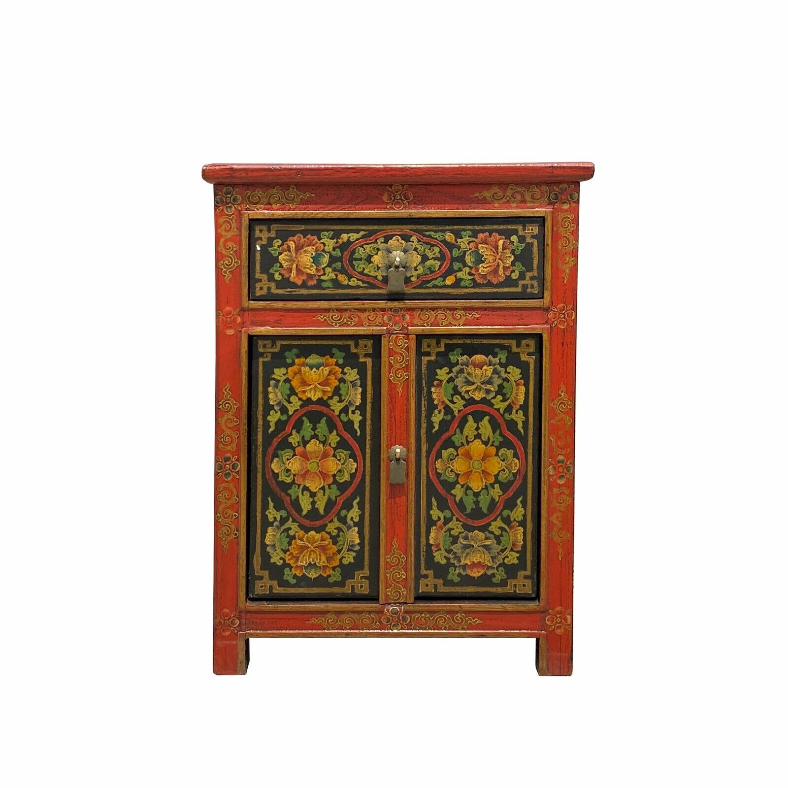 Tibetan Oriental Black Orange Red Floral End Table Nightstand cs6949S Tibetan Oriental Black Orange Red Floral End Table Nightstand cs6949S