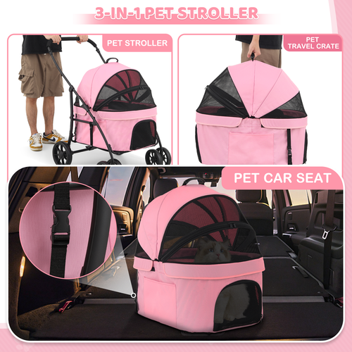 Foldable 4 Wheels Dog Stroller 3-in-1 Multifunction Car Seat Travel Dog Cat Cage
