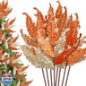 HyDren 10 Pcs Christmas Glitter Leaves Large Ornaments for Christmas Tree Picks Sprays Artificial Stems Branches Twigs Sprigs Floral for Xmas Tree Wreath Garland Vase DIY Decor(Gold and Orange)