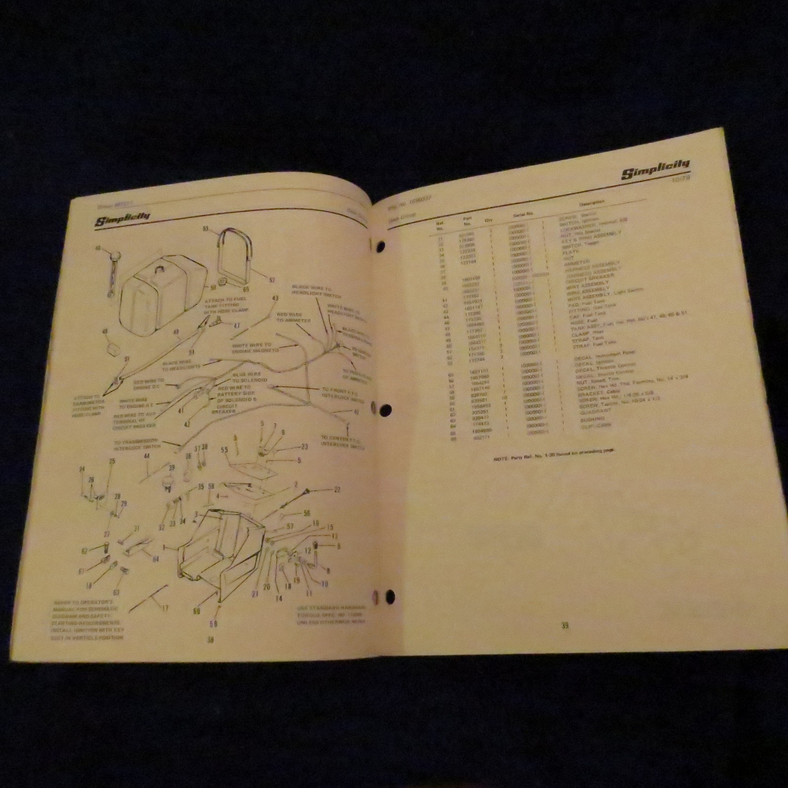 ORIGINAL SIMPLICITY MODEL 7014S RIDING LAWN TRACTOR PARTS MANUAL