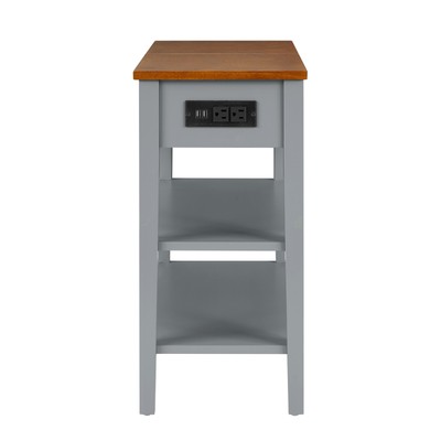 2-Tone Narrow End Table with USB Ports, Solid Wood Legs, Gray/Walnut