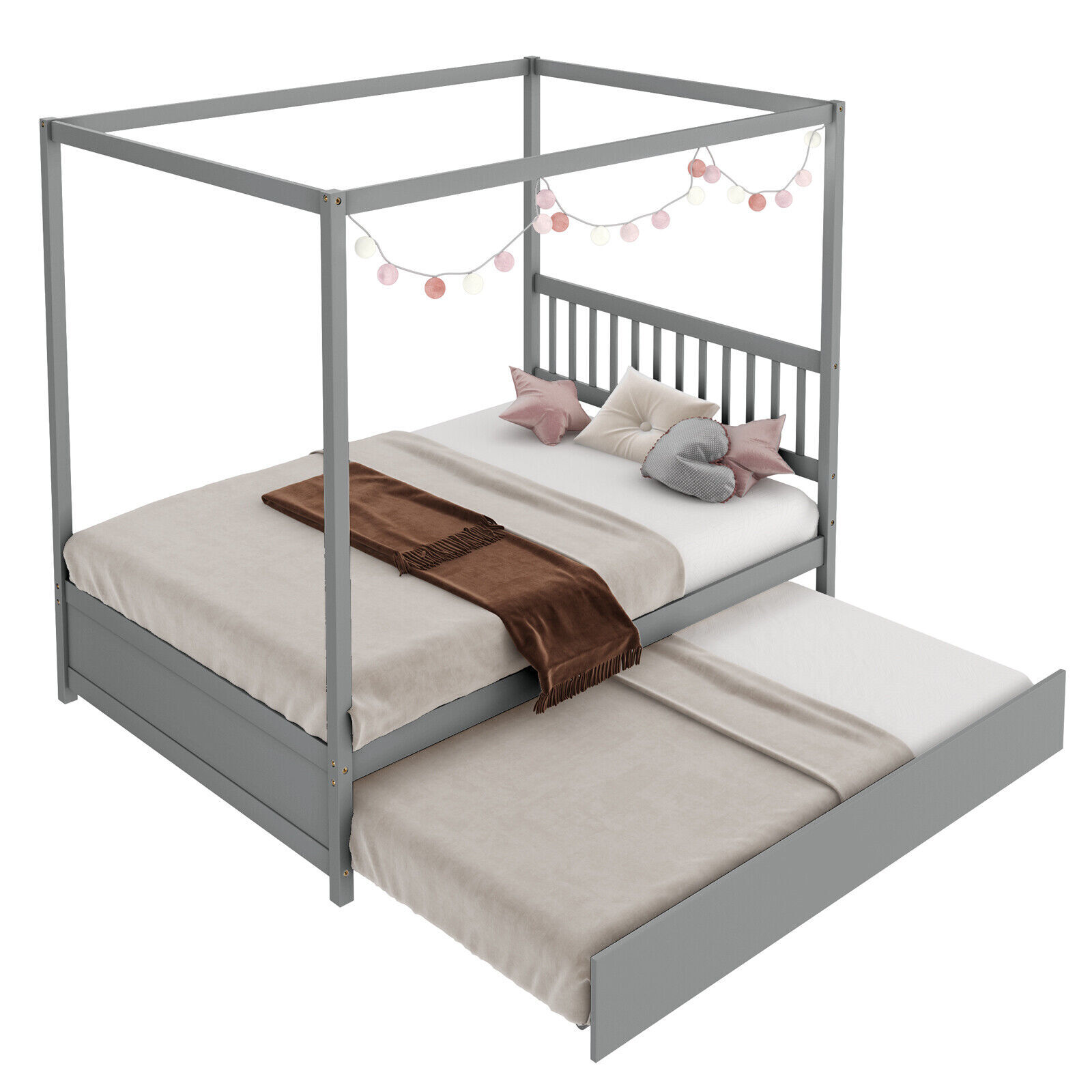 Bed With Twin Trundle, Kids Solid Wood Platform Bed Frame
