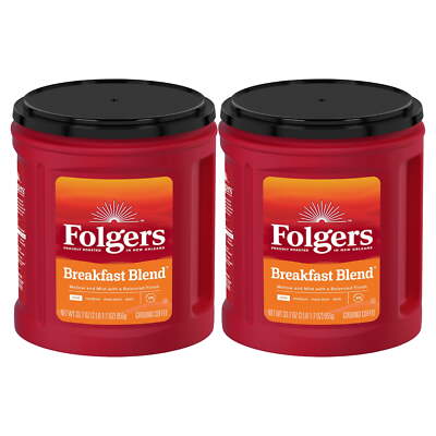 2Pack Folgers Breakfast Blend Ground Coffee Smooth & Mild Coffee 33.7Oz Canister