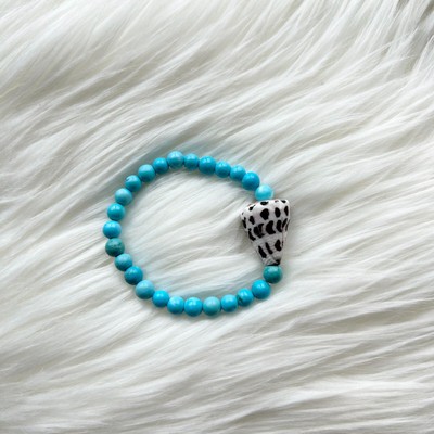 Hawaiian Hebrew Cone Shell Blue Turquoise 6MM Bead Stretchy Bracelet