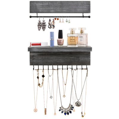 MyGift 2 Piece Set of Wall Mounted Ash Gray Wood Hanging Jewelry Organizer Racks