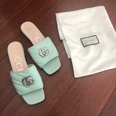 Final Price Gucci Marmot GG slide sandals mules . Mint green & Chevron quilted