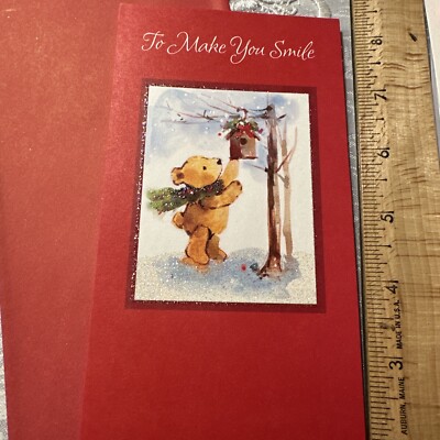 Vtg UNUSED Christmas Card Bear Glitter Money card Gift Card Holder W/Env