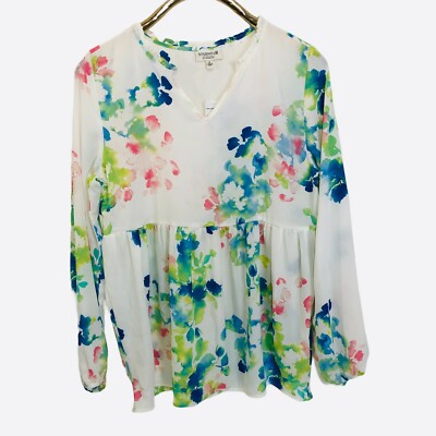 Bobeau Studio B Floral Blouse Medium White Pink Green Blue Long Sleeve V-Neck
