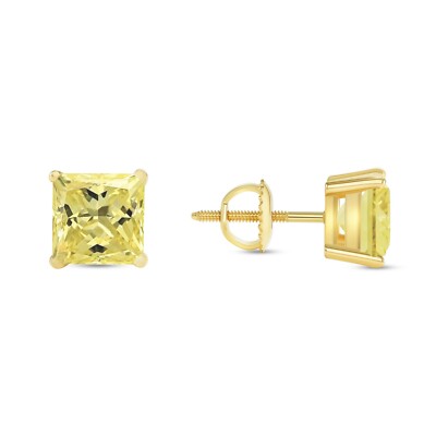 Pre-owned Shine Brite With A Diamond 5 Ct Princess Cut Canary Earrings Studs Solid 18k Yellow Gold Screw Back Basket