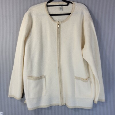 classic elements 100% wool cardigan sweater 24/26W ivory gold trim zip front