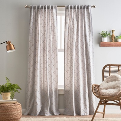 Mallorca Embroidery Back Tab Window Curtain Panel Pair, 108'', Silver/Natural