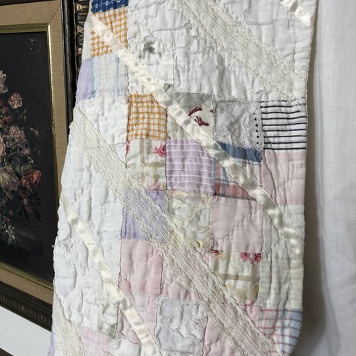 Vintage Handmade Quilt Vest Boho Crochet Lace Pink Blue Block Quilt design