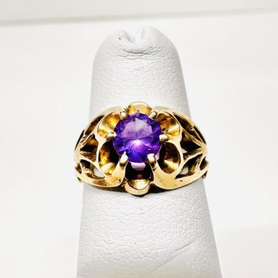 Antique Signed CL 10k Yellow Gold Amethyst Filigree Pierced Dome Ring