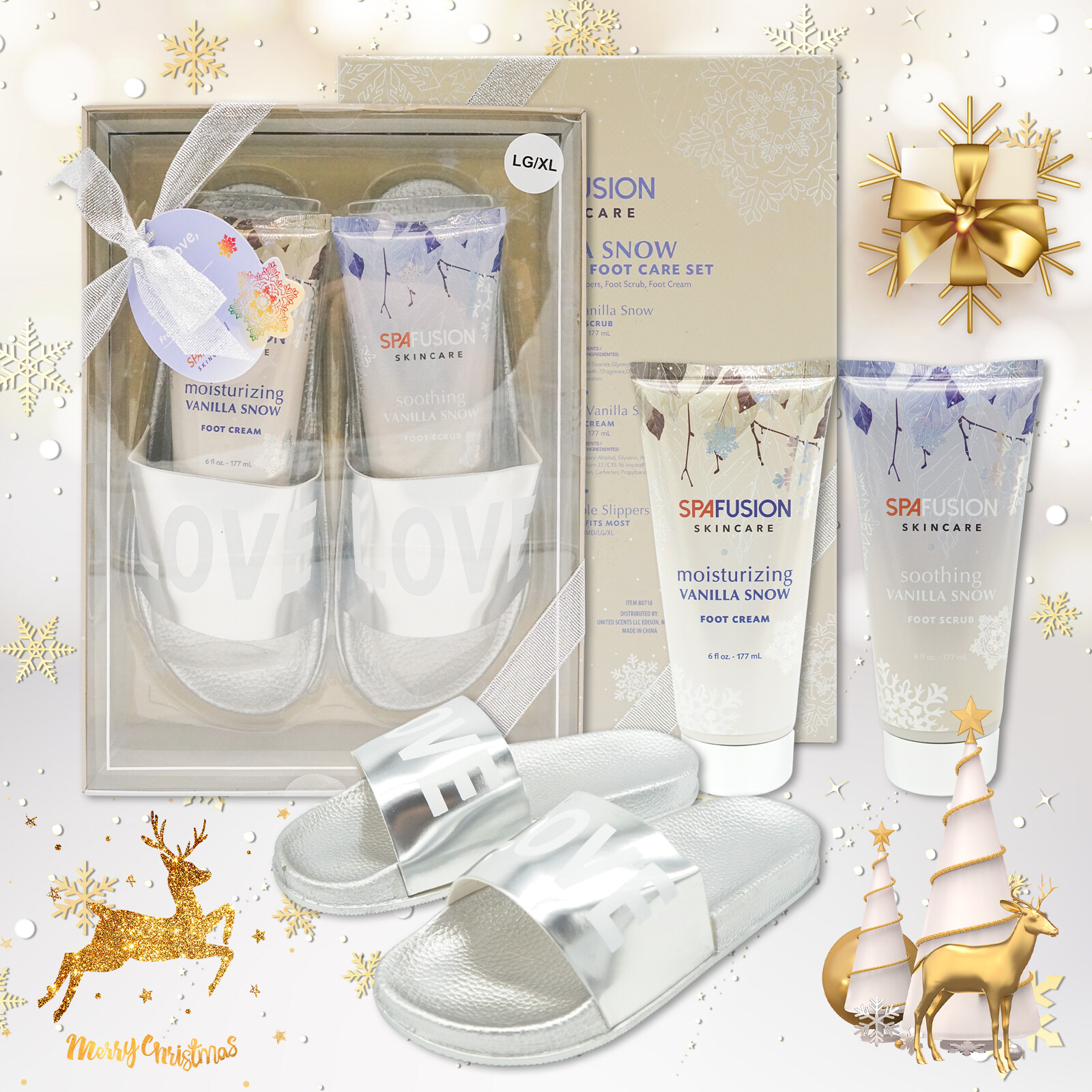 Foot Care Gift Set Slippers Body Wash Scrub Cream & Bath Ball New