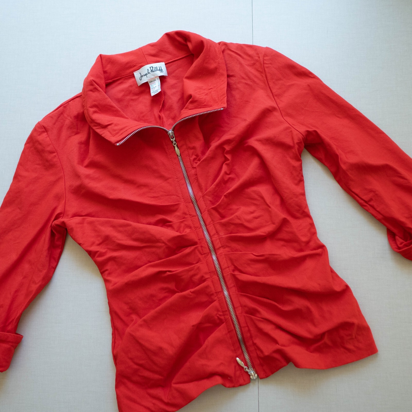 Joseph Ribkoff Ruched Jacket Pleated Sz 10 Stretchy Career Holiday Cuff Full Zip