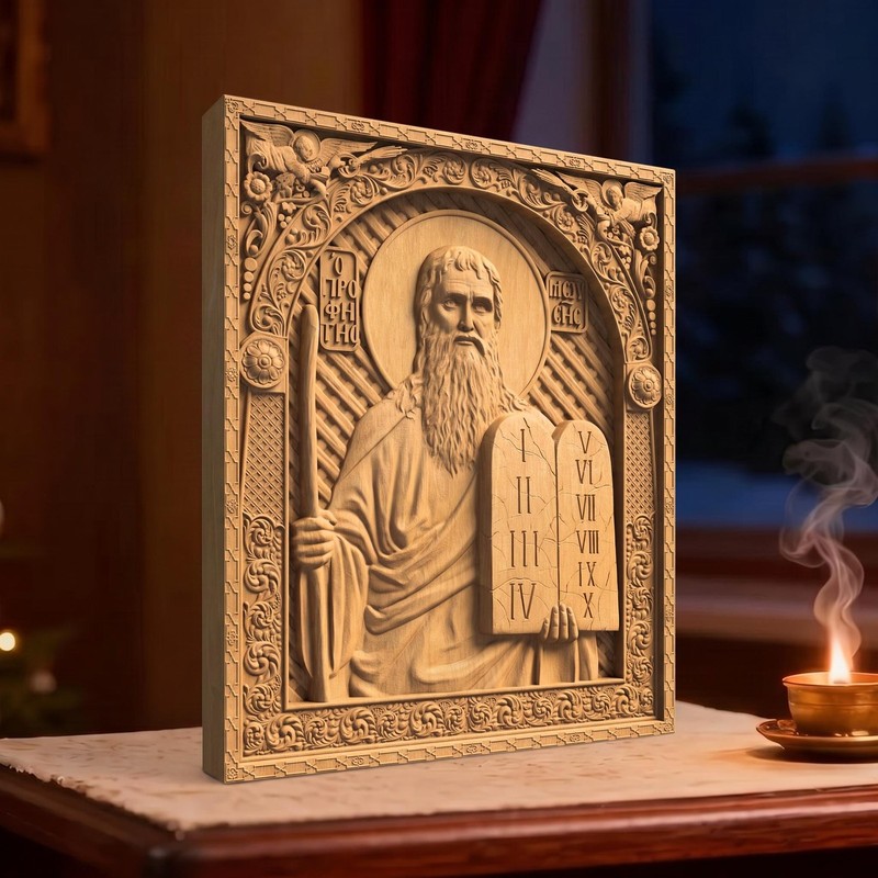Prophet Moses Wooden Carved Handmade Byzantine Greek Orthodox Christian Icon