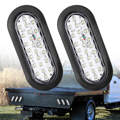 2x 6'' Oval White 24 LED Trailer Truck Reverse Backup Tail Lights Clear Lens 12V