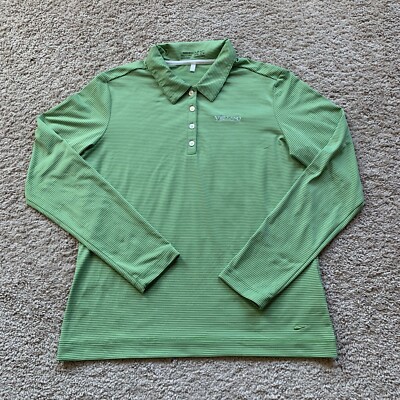 Nike Polo Shirt Womens Medium Green Striped Long Sleeve Collared Dri-Fit Vellano
