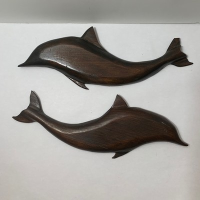Hand Carved Wooden Dolphin PAIR Wall Mounted Hampton Bays Artist Signed 14 