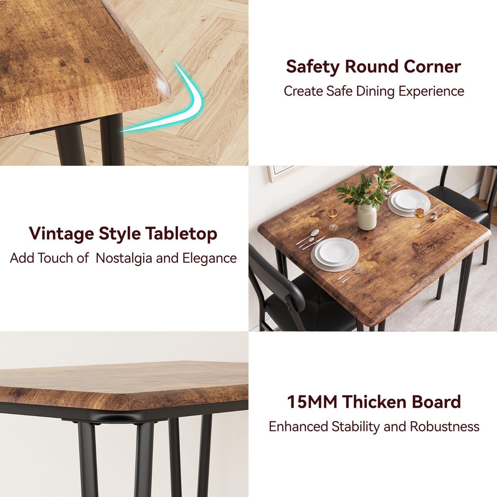 Dining Set for 2 Table and 2 Upholstered Chairs Wood Top for Small Space Kitchen