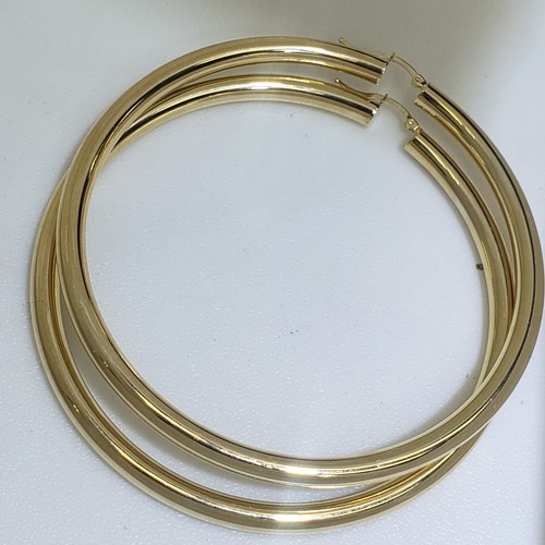 Pre-owned Handmade Extra Large Big Huge Thick Real 14k Yellow Gold Plain Hoop Earrings 3.50 Inches