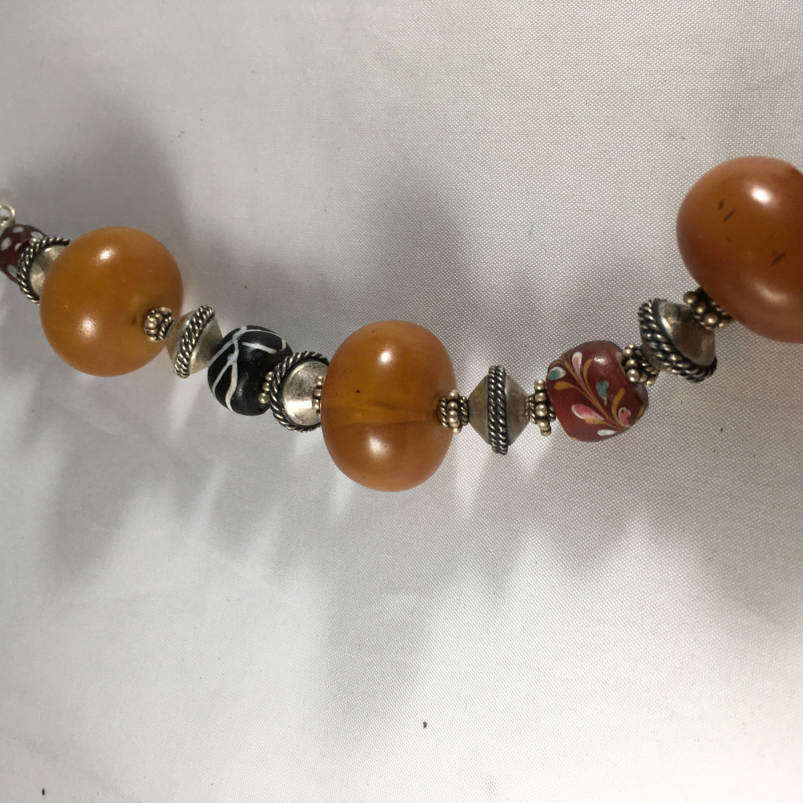 Vintage African Trade Bead Necklace with Amber and Sterling silver Ball pendant