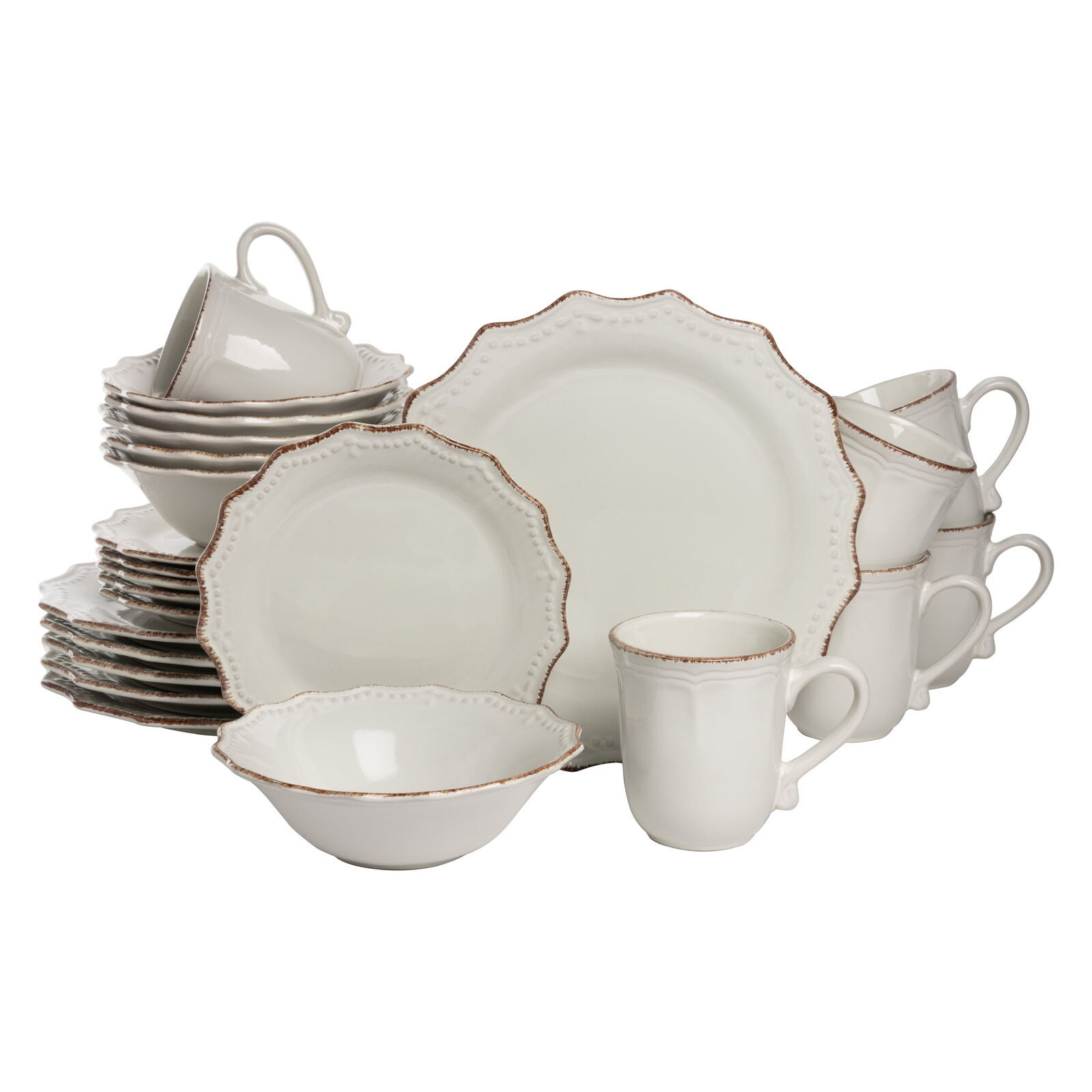 24 Pcs Stoneware Dinnerware Set Cream Microwave Neutral Vintage Ceramic White