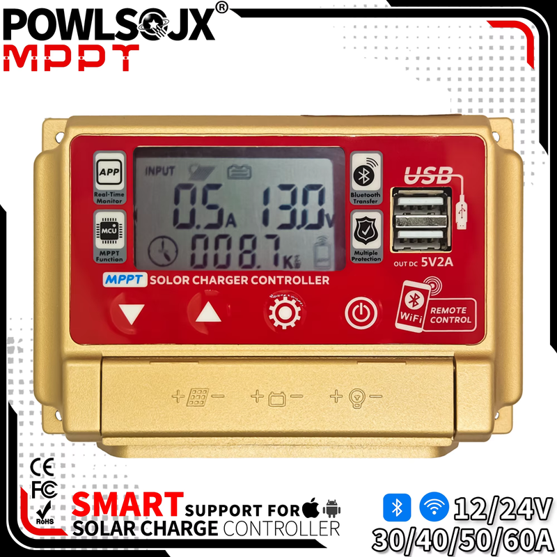 Solar Controller with Bluetooth/WiFi, HD LCD, Dual USB, Metal Heat Dissipation,