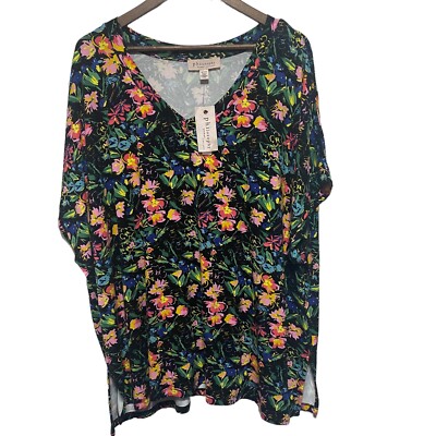 Philosophy Tunic Womens 3X Plus Black Floral Short Sleeve Stretch V Neck Boho