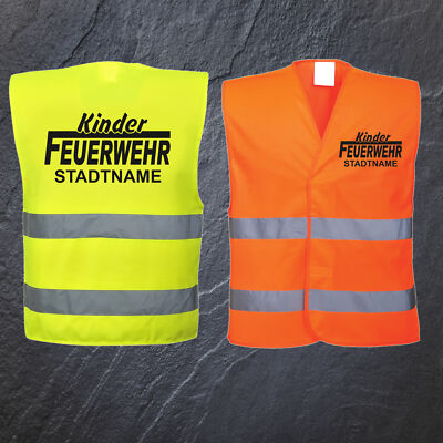 Kinder Feuerwehr Warnweste Gelb oder Orange #4 mit Stadtnamen Druck