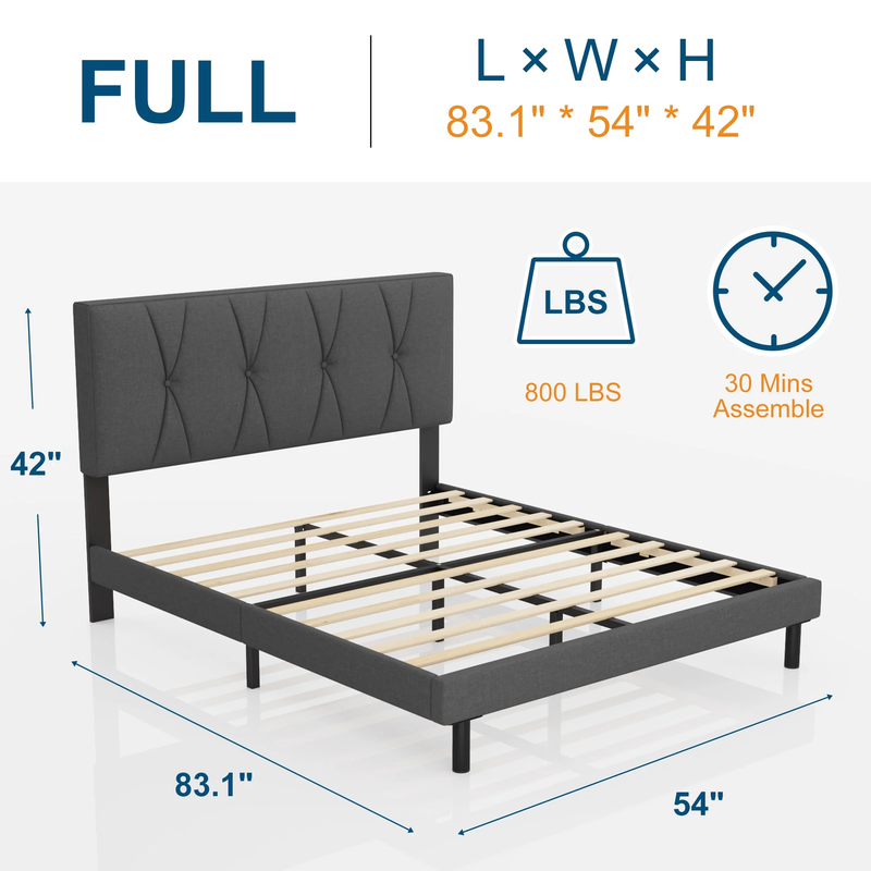 Full Bed Frame,  Full Size Platform Bed with Fabric Upholstered Headboard,Dark G