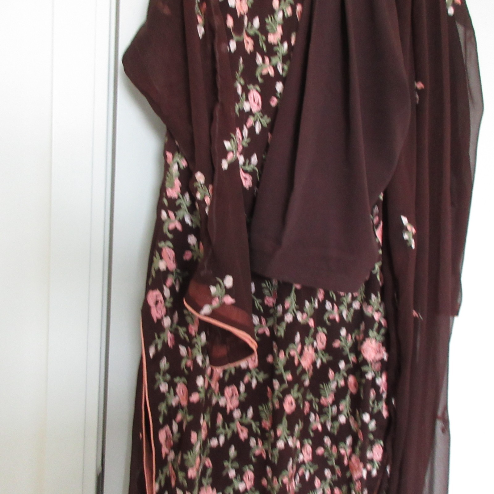 brandnew  xL 3 piece stiched  embrioderd  dark brown kameez & dup plain  salwar