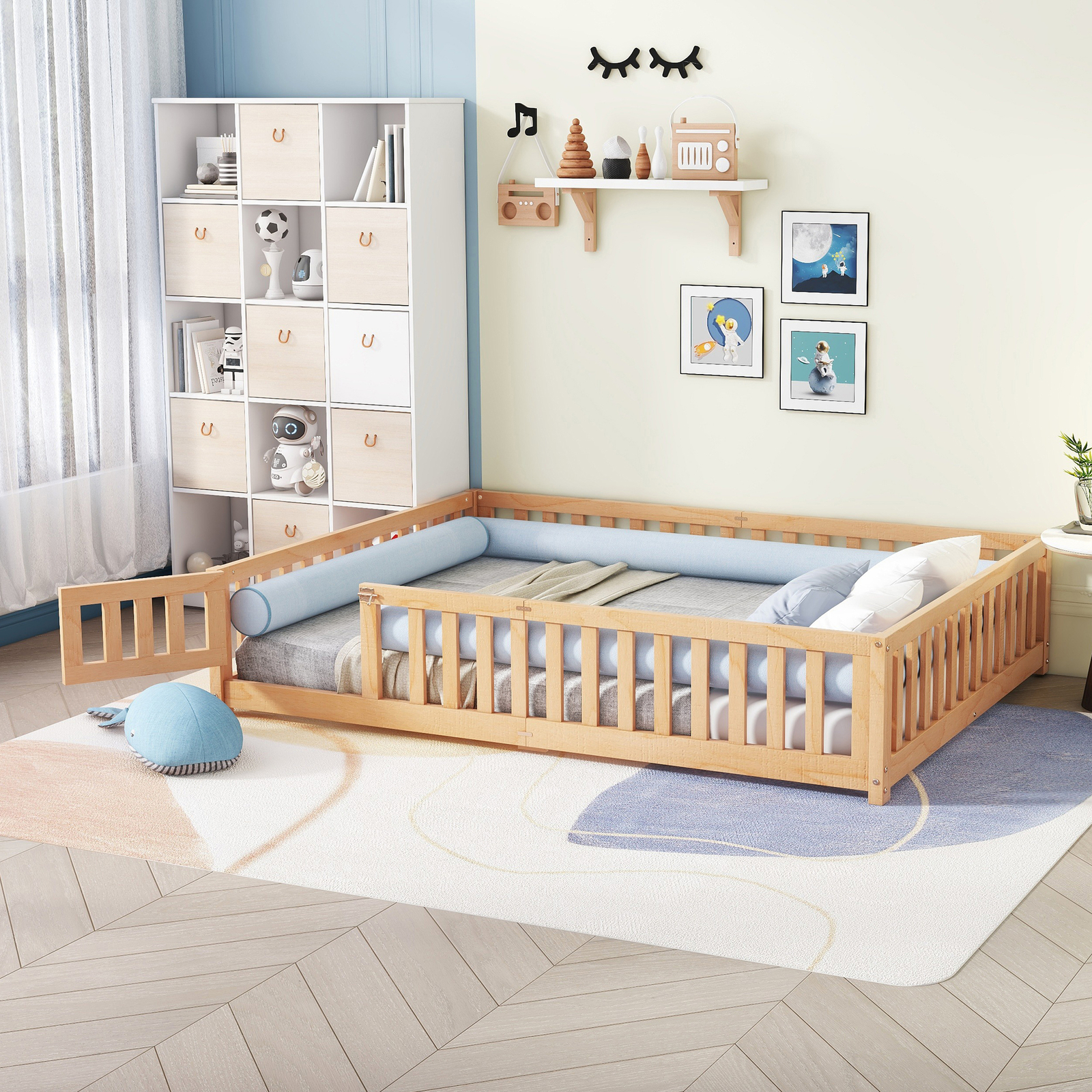 Twin/Full/Queen Size Bed Floor Bed with Safety Guardrails and Door for Kids NEW