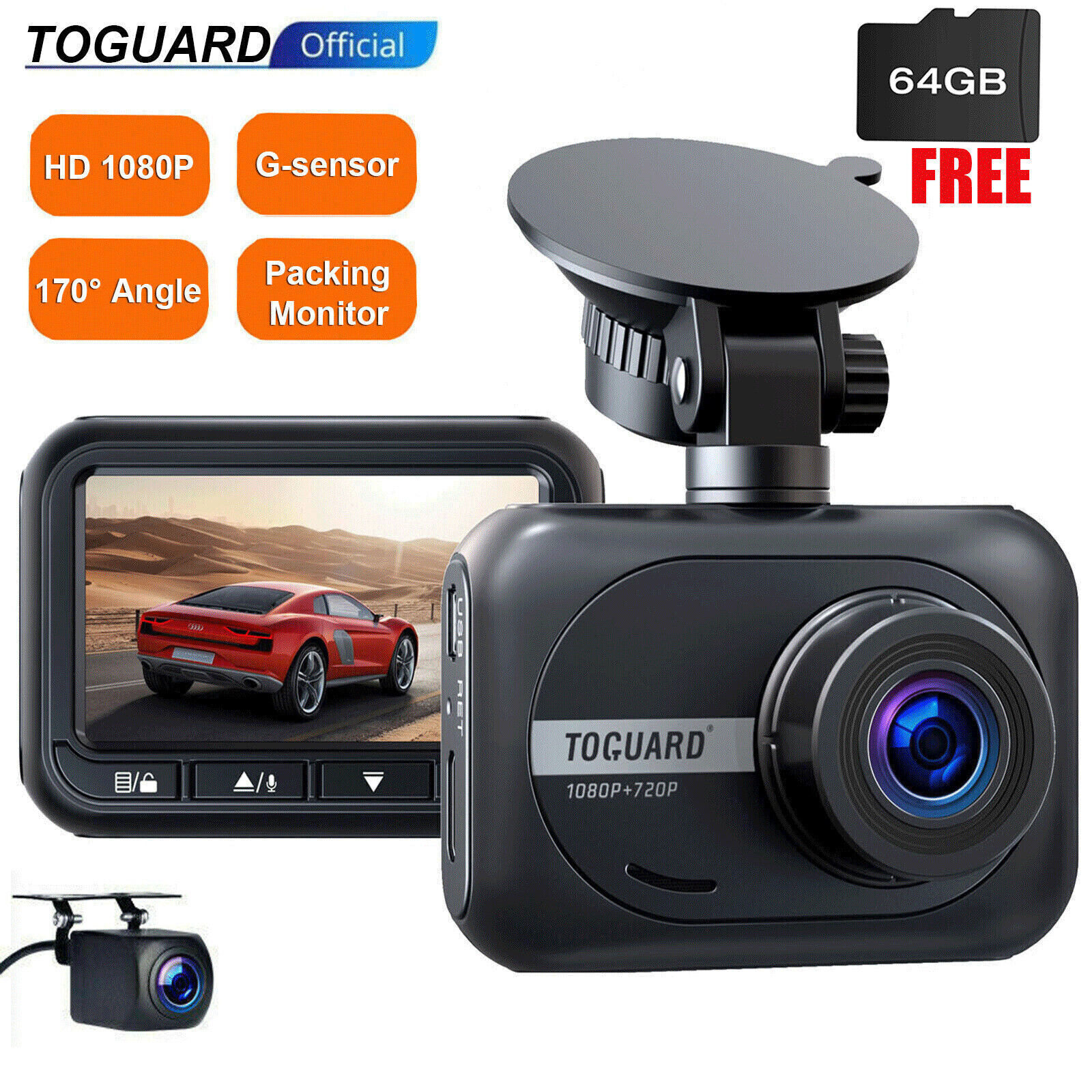 TOGUARD Dual Dash Cam Front and Rear  FHD 1080P Car Camera Video Reversing + 64G