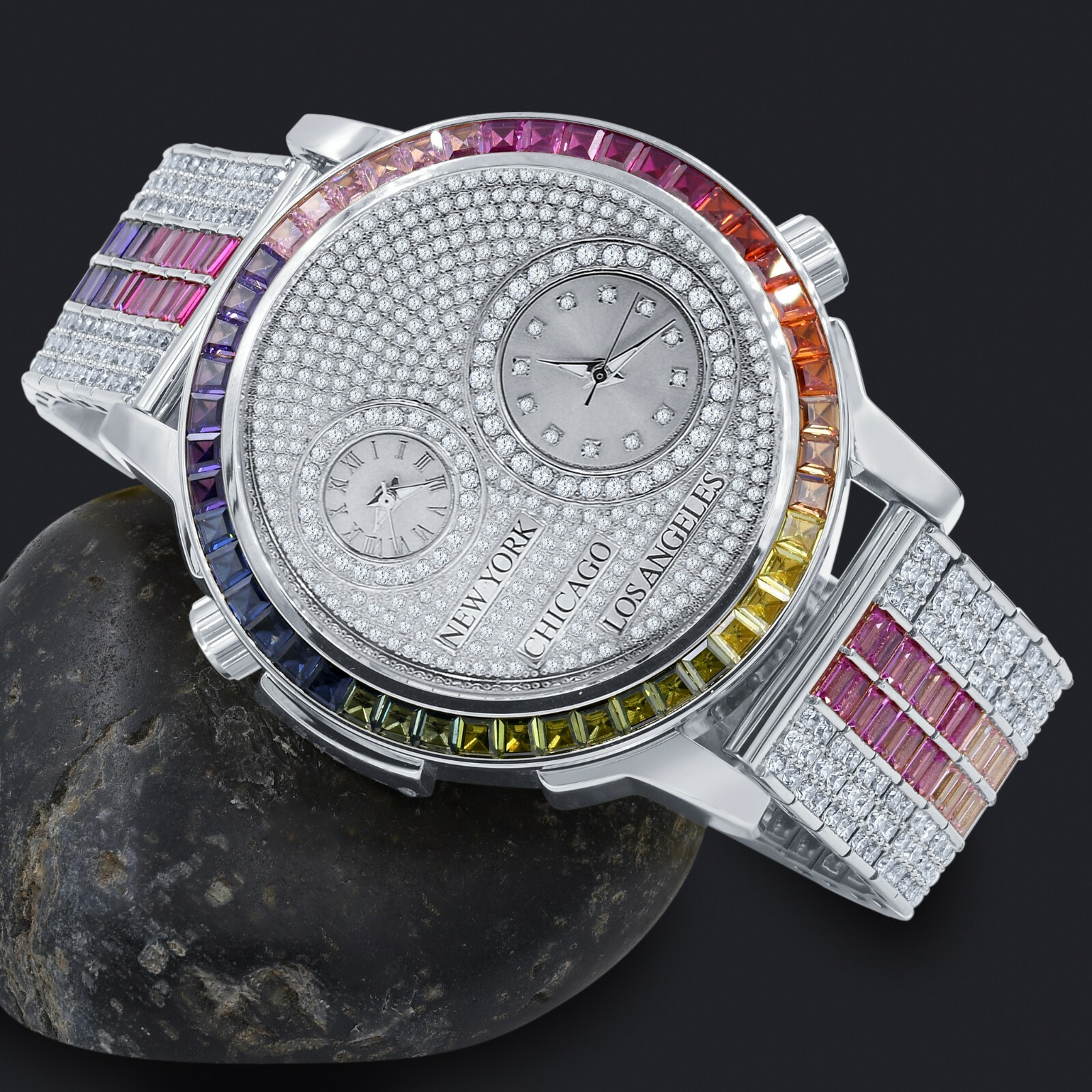 Pre-owned Ice Master Genuine Diamond White Tone 2 Time Zone Chronograph Baguette Rainbow Dial Watch