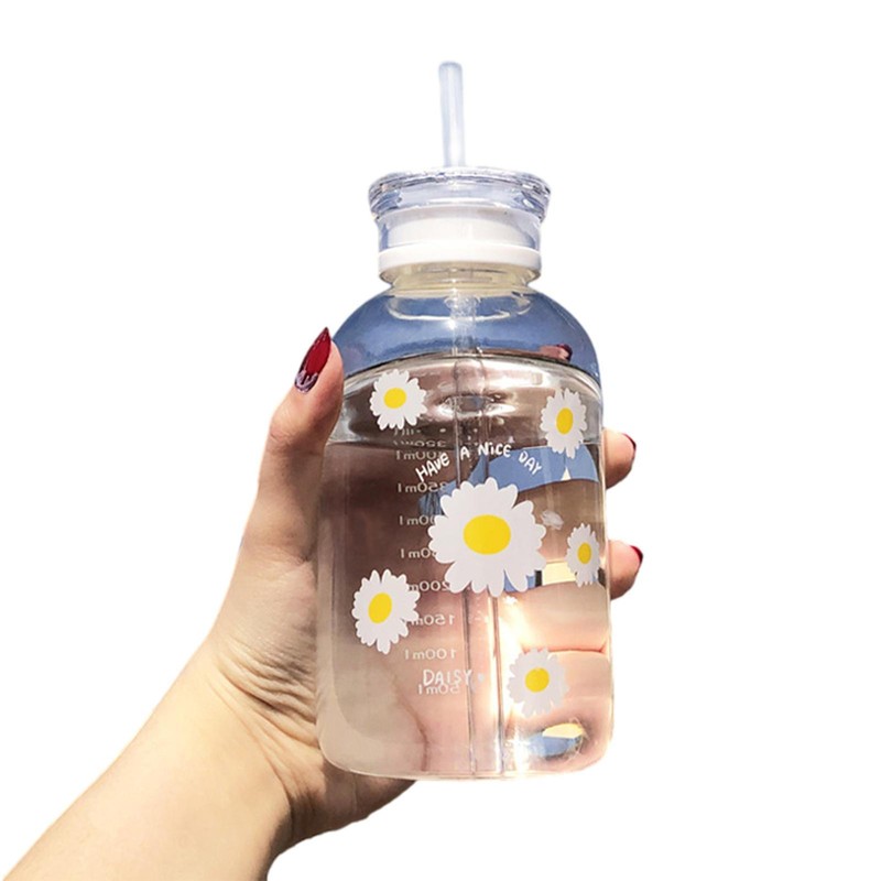 Glass Water Bottle W/Straw Cute Flower Daisy Milk Juice Water Bottle Leakproof
